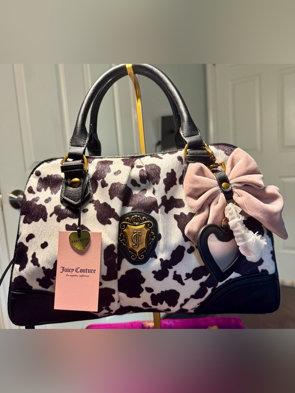 NWT Juicy Couture Juicy Romance Cow Print Satchel Bag Bow Charm
